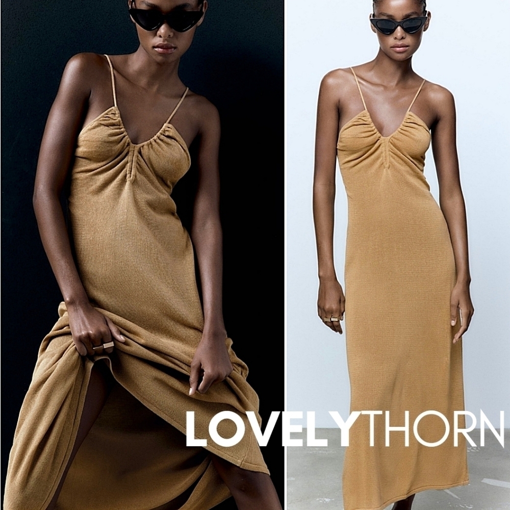 ZARA // straw camel gathered plunge v-neck spaghetti strap a-line knit maxi dres